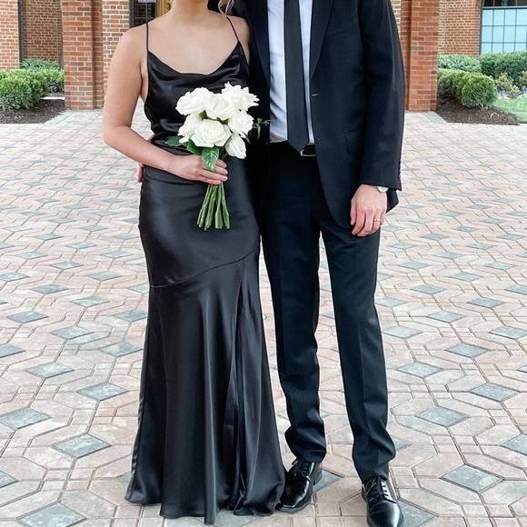 SOLD: Revelry Kimora Black Satin Bridesmaid Dress - Picture 4 of 4